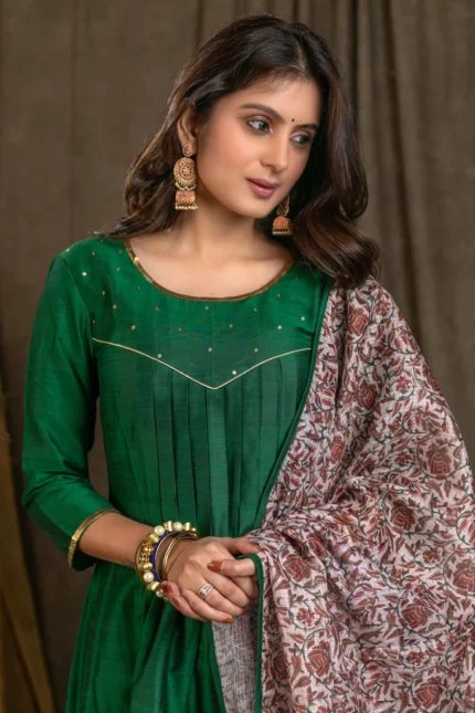 CLASSY GREEN COTTON SILK PLEATED KURTA PANT SET WITH GOLD SEQUENCE WORK ON YOKE - PRINTED DUPATTA OPTIONAL