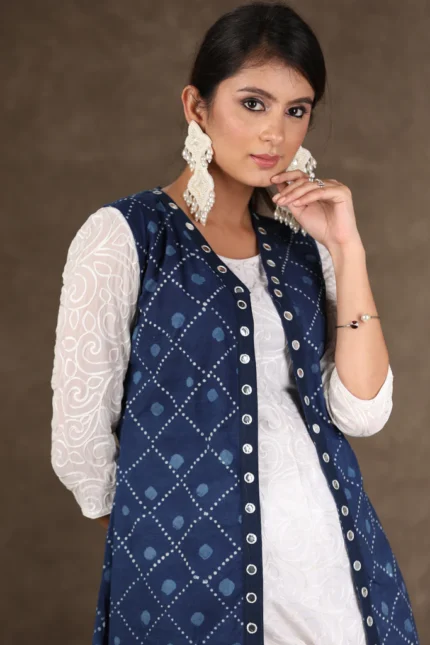 CLASSY WHITE SELF-EMBROIDERED KURTA WITH INDIGO MIRROR WORK JACKET & FLOWY SHARARA -3 PIECE (KURTA, SHARARA & JACKET SET)