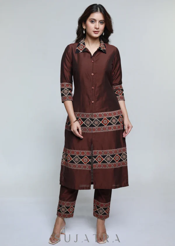 COFFEE BROWN AJRAKH COMBINATION COTTON SILK KURTA-PANT OPTIONAL