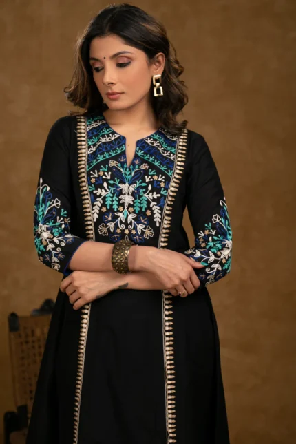 EXCLUSIVE BLACK COTTON SILK KURTA & PANT SET WITH EMBROIDERED PANEL YOKE & SLEEVES