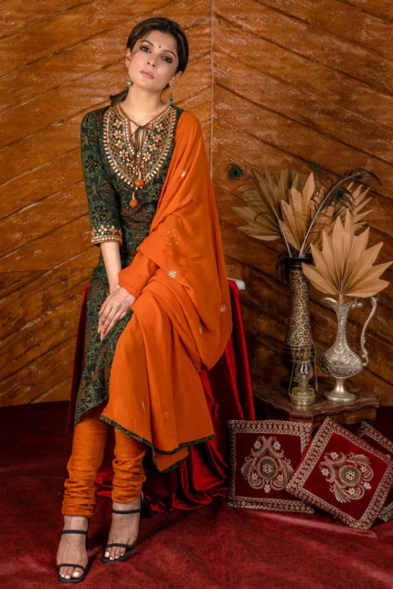 EXCLUSIVE HAND EMBROIDERED AJRAKH BLOCK PRINTED KURTA & PANT SET - DUPATTA OPTIONAL.