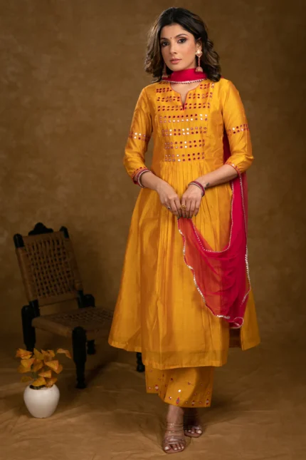 PARTY WEAR MANGO CHANDERI KURTA SET WITH FUCHSIA PINK MIRROR HAND WORK ON YOKE, SLEEVES & PALAZZO - DUPATTA OPTIONAL